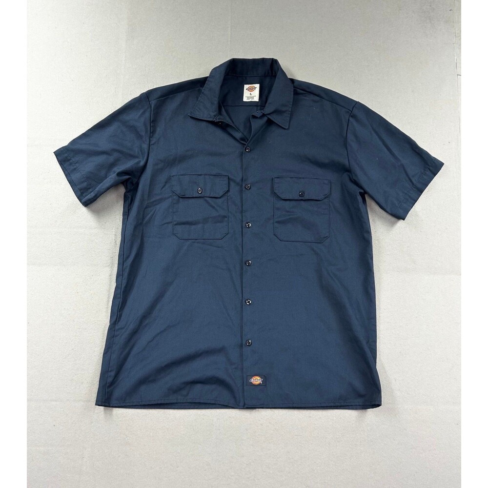 Dickies Men's Short Sleeve Work Button Front Work Shirt Navy Blue Large